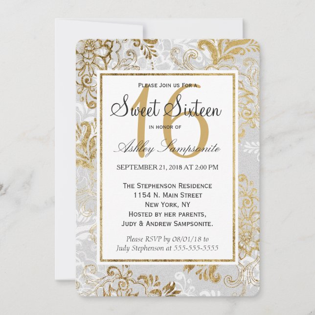Elegant Gold Silver and Grey Floral Sweet 16 Invitation (Front)