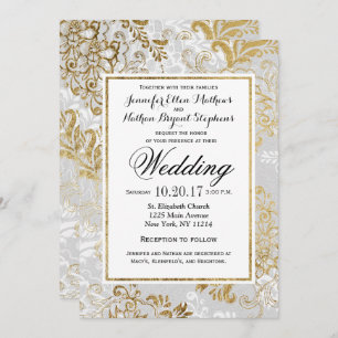 Elegant Gold Silver and Grey Floral Wedding Invitation