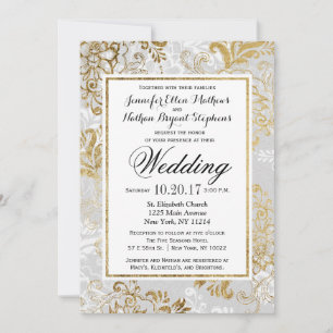 Elegant Gold Silver and Grey Floral Wedding Invite