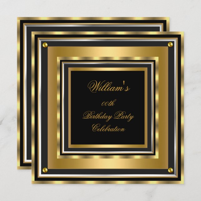 Elegant Gold Silver Black Birthday Party Mens Mans Invitation (Front/Back)