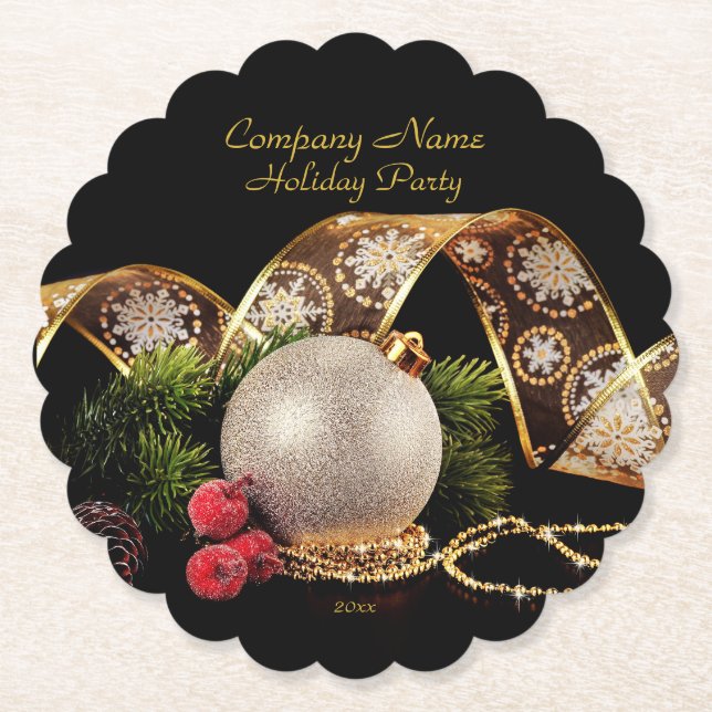 Elegant Gold Silver Black Corporate Holiday Paper Coaster (Front)