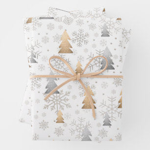 Elegant Gold & Silver Christmas Tree Snowflake Wrapping Paper Sheet