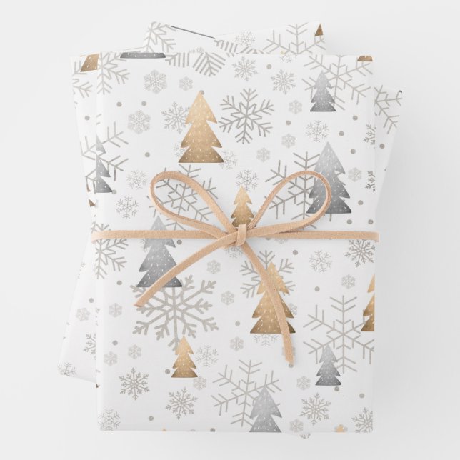 Elegant Gold & Silver Christmas Tree Snowflake Wrapping Paper Sheet (In situ)