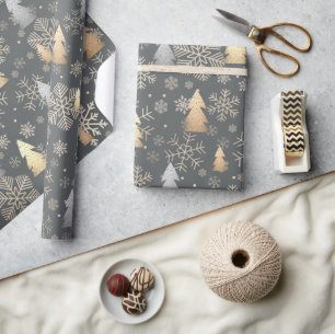 Elegant Gold & Silver Christmas Tree Snowflakes Wrapping Paper