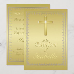 Elegant gold & silver damask gold cross Baptism Invitation