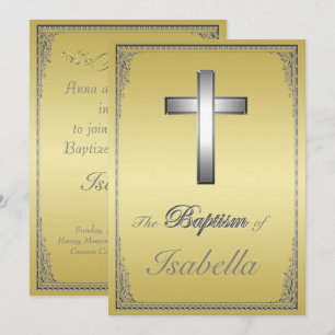 Elegant gold & silver damask silver cross Baptism Invitation