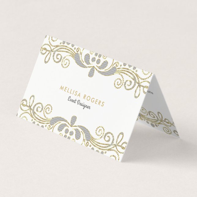 Elegant Gold & Silver Floral Swirls Lace Business Card (Front)