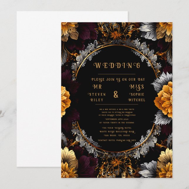 Elegant Gold & Silver Floral Wedding Invitations (Front/Back)