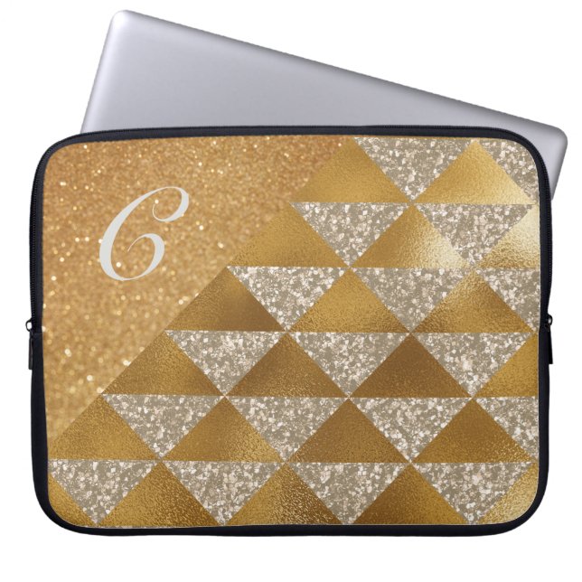 Elegant Gold Silver Glitter Monogram Glam Laptop Sleeve (Front)