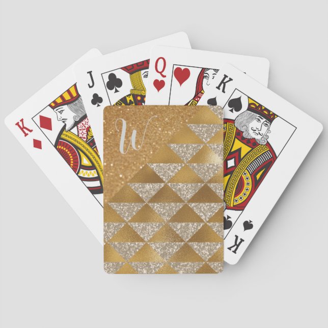 Elegant Gold Silver Glitter Monogram Playing Cards (Back)
