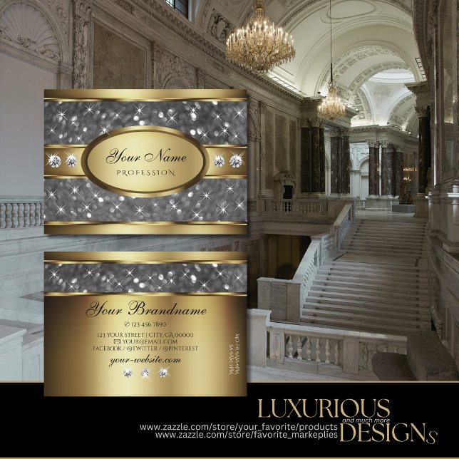 Elegant Gold Silver Glitter Stars and Diamonds Business Card (Creator Uploaded)