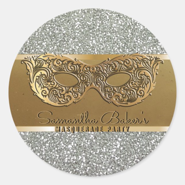 Elegant Gold Silver Masquerade Party Birthday Classic Round Sticker (Front)