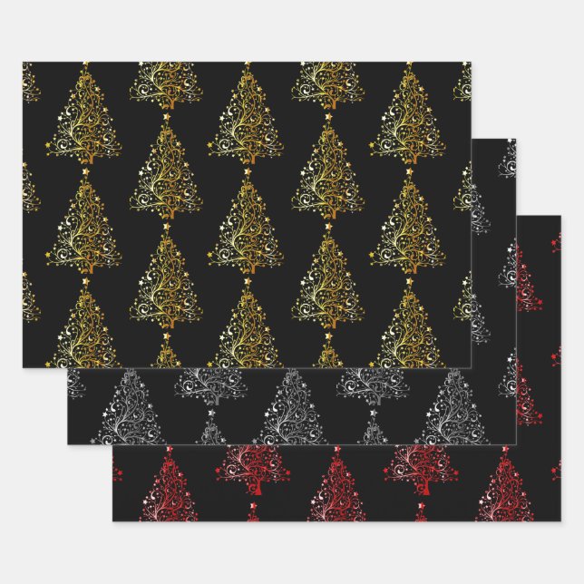 Elegant Gold Silver & Red Christmas Tree Motif Wrapping Paper Sheet (Set)