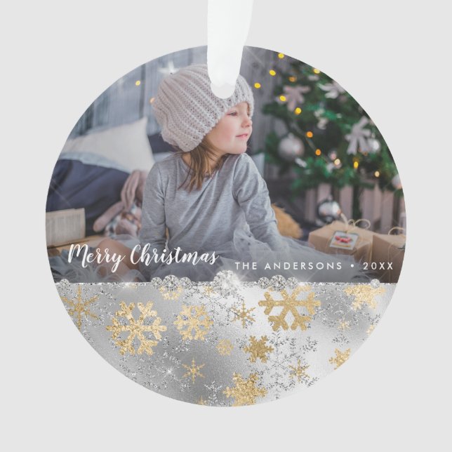 Elegant gold & silver snowflakes custom photo ornament (Front)