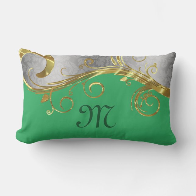 Elegant Gold & Silver Swirls With Green Background Lumbar Cushion (Front)