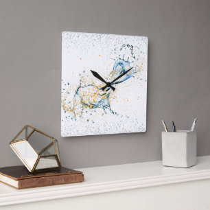 Elegant Gold & Silver Water Splash Square Wall Clock