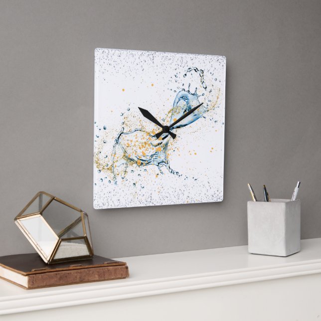 Elegant Gold & Silver Water Splash  Square Wall Clock (Office)