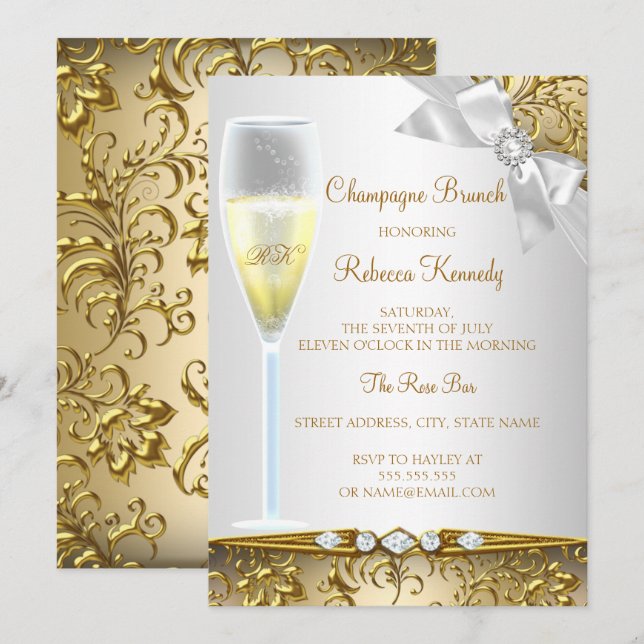 Elegant Gold Silver White Champagne Brunch Invitation (Front/Back)