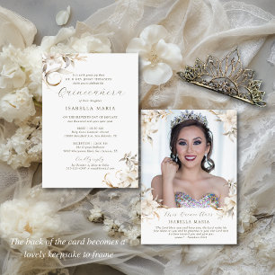 Elegant Gold Silver White Florals Quinceañera Invitation
