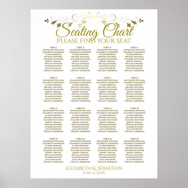 Elegant Gold Simple 16 Table Wedding Seating Chart (Front)