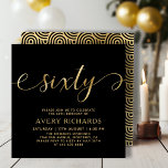 Elegant Gold Sixty Script Black 60th Birthday Invitation<br><div class="desc">Elegant Chic Black and Gold Sixty Script 60th Birthday Invitation. This modern birthday party invitation template features stylish „sixty” text in huge faux gold foil swirly handwritten calligraphy (or typography) script with swash tails, party details in gold colour on black background. At the reverse side faux gold foil swirling wave...</div>
