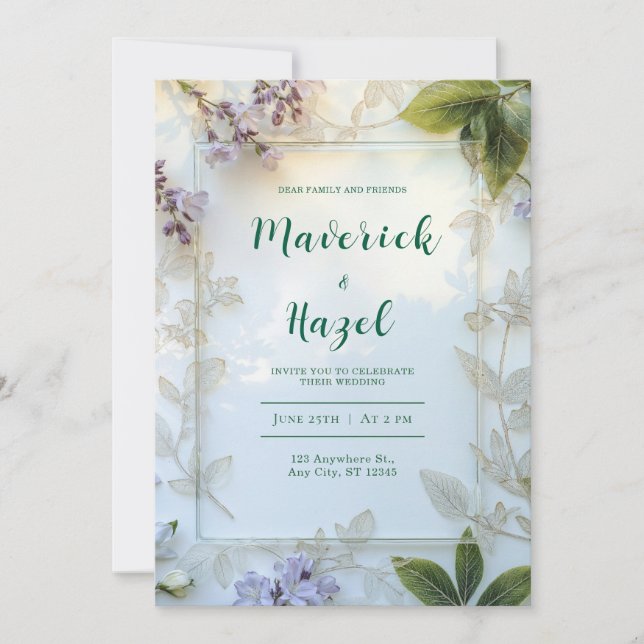 Elegant Gold Skeleton Leaf Lavender Floral Invitation (Front)