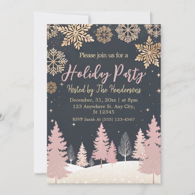 elegant gold snow soft pink Holiday Party  Invitation (Front)