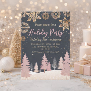 elegant gold snow soft pink Holiday Party Invitation