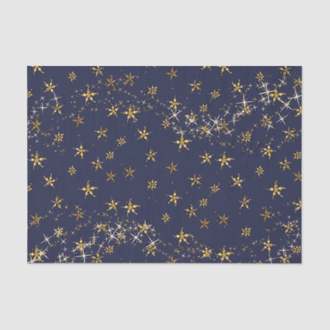 Elegant Gold Snowflake Christmas Twinkle Star Navy Tissue Paper (Front)