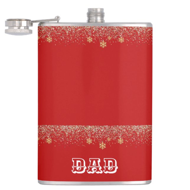 Elegant gold Snowflake falling Christmas Red name Hip Flask (Opened)