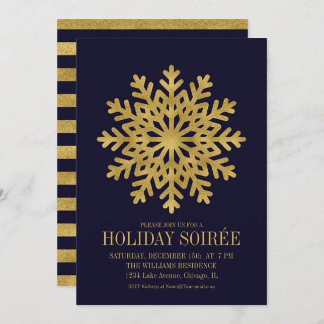 Elegant Gold Snowflake Holiday Party Card (Front/Back)