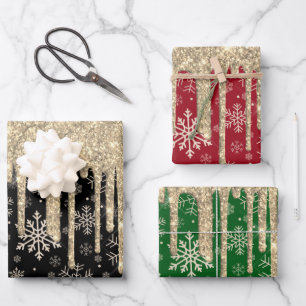 Elegant Gold Snowflake Pattern Dripping Glitter Wrapping Paper Sheet