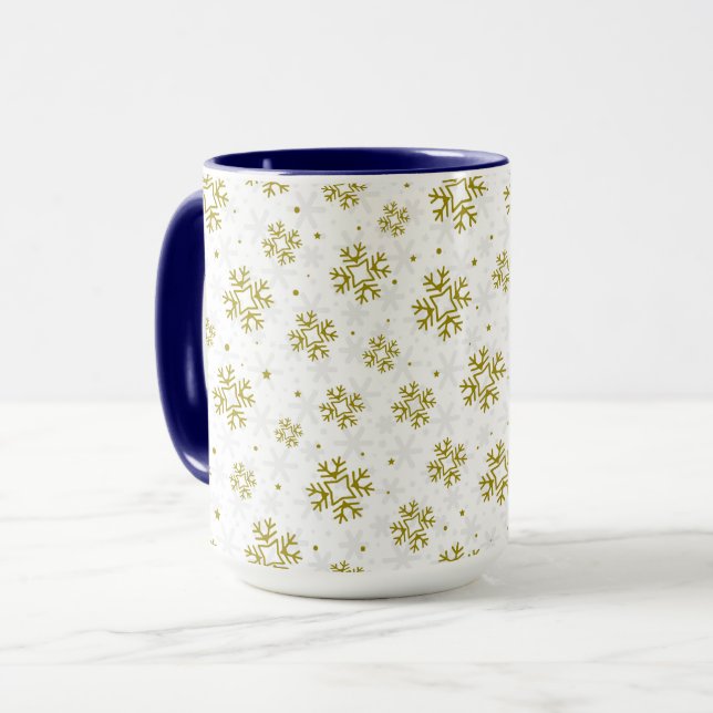 Elegant Gold Snowflake Winter Pattern Mug (Front Left)