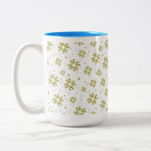 Elegant Gold Snowflake Winter Pattern Two-Tone Coffee Mug (Left)