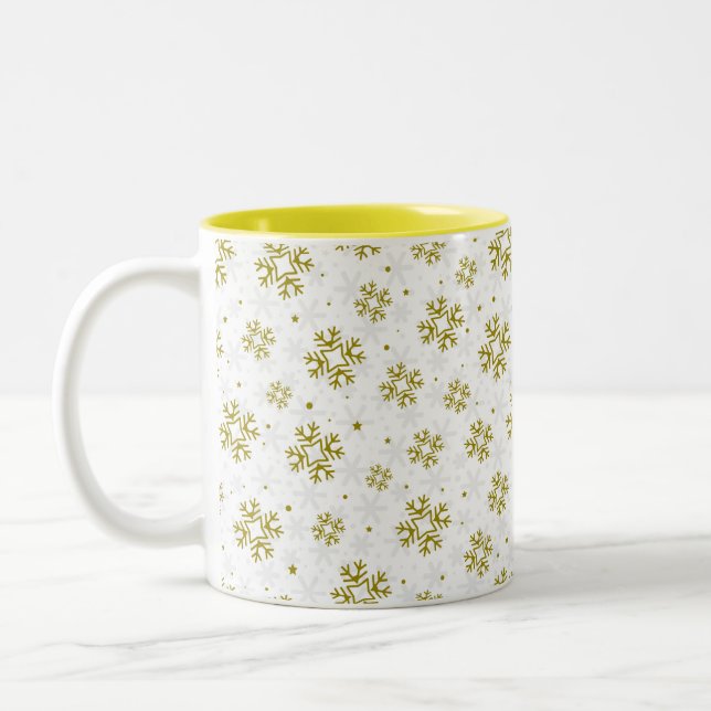 Elegant Gold Snowflake Winter Pattern Two-Tone Coffee Mug (Left)