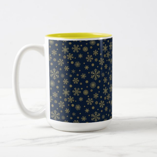 Elegant Gold Snowflake Winter Pattern Two-Tone Coffee Mug (Left)