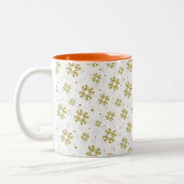 Elegant Gold Snowflake Winter Pattern Two-Tone Coffee Mug (Left)