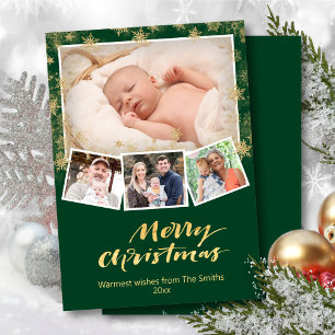 Elegant Gold Snowflakes Chic Script Modern Green  Holiday Card