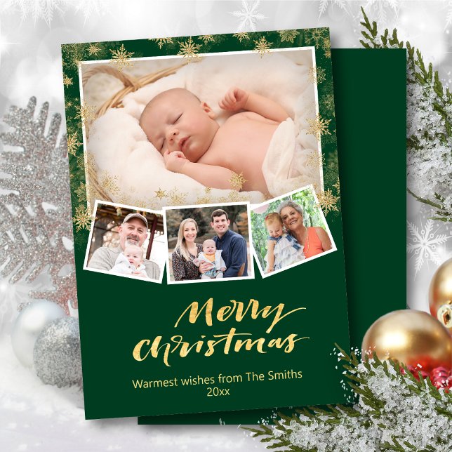 Elegant Gold Snowflakes Chic Script Modern Green  Holiday Card (Creator Uploaded)