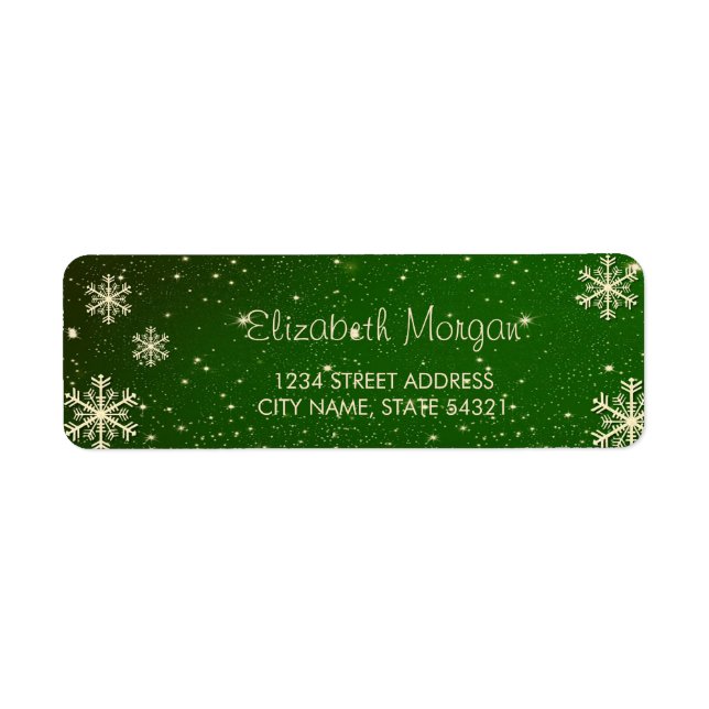 Elegant  Gold Snowflakes, Green Christmas  Label Return Address Label (Front)