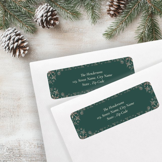 Elegant Gold Snowflakes Green Holiday Return Address Label (Creator Uploaded)