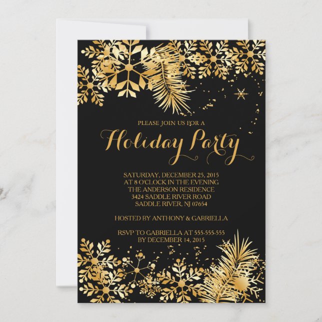 Elegant Gold Snowflakes Holiday Invitation (Front)