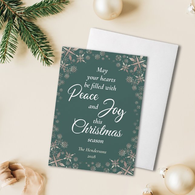 Elegant Gold Snowflakes Peace Joy Green Holiday Card (Creator Uploaded)
