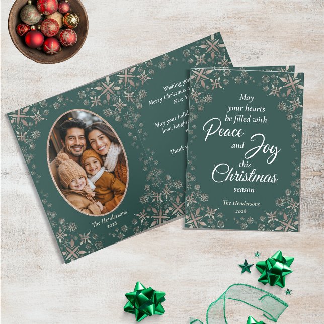 Elegant Gold Snowflakes Peace Joy Green Photo Holiday Card (Creator Uploaded)