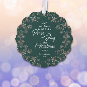 Elegant Gold Snowflakes Peace Joy Green Tree Decoration Card