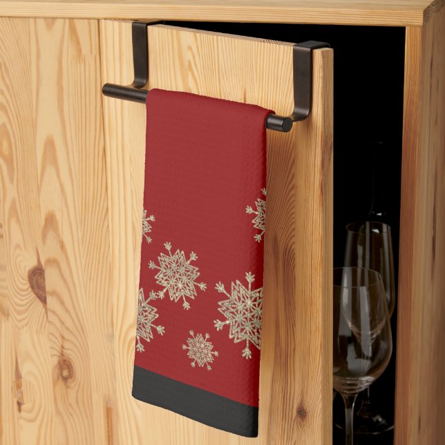 Elegant Gold Snowflakes Red & Black Christmas Tea Towel (Thirds Fold)