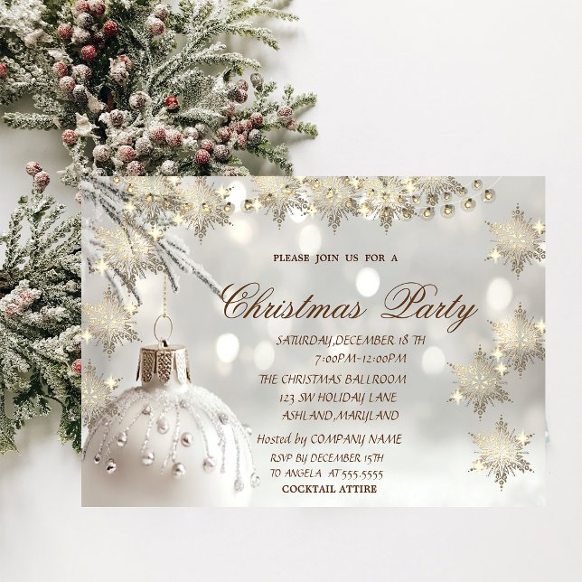 Elegant Gold Snowflakes,White Ball Christmas Party Invitation (Creator Uploaded)