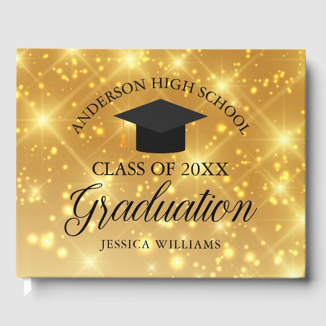 Elegant Gold Sparkle 2025 Graduation Custom School Guest Book (Front)