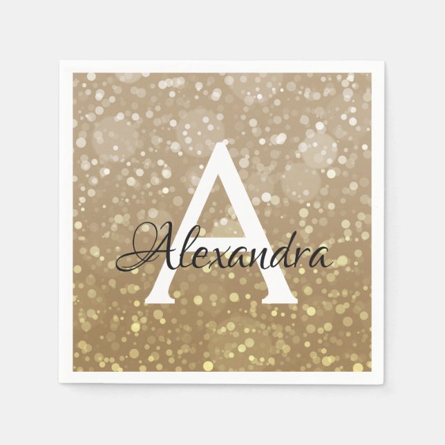 Elegant Gold Sparkle Confetti Monogram Birthday Napkin (Front)