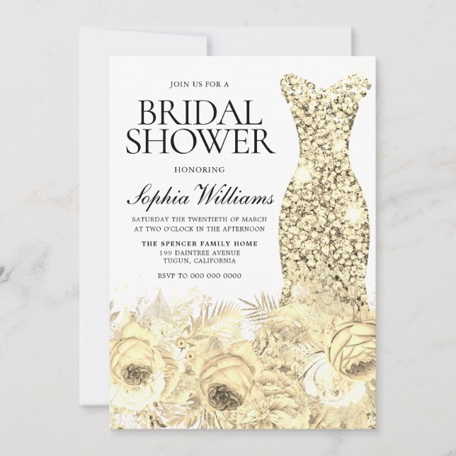 Elegant Gold Sparkle Dress & Floral Bridal Shower Invitation (Front)